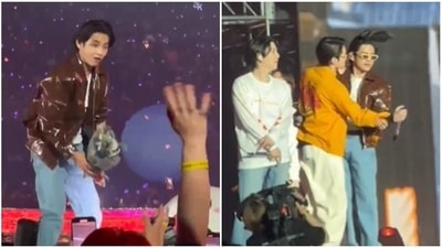 BTS V reacted after fan tossed his bouquet back at Las Vegas concert; slow danced with Jungkook.