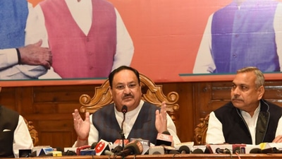 BJP president JP Nadda addressing a press meet in Shimla (Twitter/Office of JP Nadda)