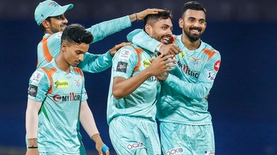 Avesh Khan of Lucknow Super Giants celebrates with teammates (PTI) Avesh Khan of Lucknow Super Giants celebrates with teammates (PTI)
