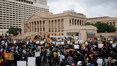People shout slogans against Sri Lanka's President Gotabaya Rajapaksa during a protest in front of the Presidential Secretariat, amid the country's economic crisis, in Colombo, Sri Lanka. (REUTERS)