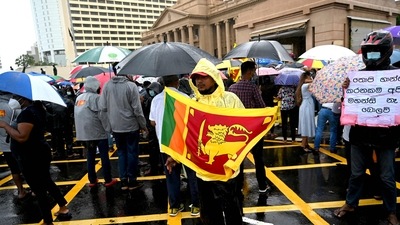 A demonstrator holds Sri Lanka's national flag as he takes part in a protest against the economic crisis in Colombo.&nbsp; (AFP)