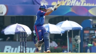 Prithvi Shaw is hit with the ball on his helmet (IPL) Prithvi Shaw is hit with the ball on his helmet (IPL)