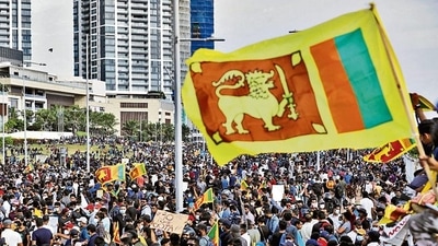 Protesters shout slogans during a protest against the President in front of the Presidential Secretariat, in Colombo. (REUTERS) Protesters shout slogans during a protest against the President in front of the Presidential Secretariat, in Colombo. (REUTERS)