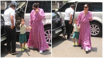 Kareena's dress is all about embracing summer vibes. It features a round neckline with tie-up detail, embroidered lace patterns, cinched and smocked waistline, flowy skirt, billowy sleeves with gathered cuffs, frilled and scalloped hem and a loose silhouette. (HT Photo/Varinder Chawla) Kareena's dress is all about embracing summer vibes. It features a round neckline with tie-up detail, embroidered lace patterns, cinched and smocked waistline, flowy skirt, billowy sleeves with gathered cuffs, frilled and scalloped hem and a loose silhouette. (HT Photo/Varinder Chawla)