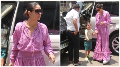 Additionally, the thigh-high slit and the cottagecore-inspired vibes of her look took the voguish style quotient up by a notch. In the end, Kareena chose minimal accessories to style the look. She opted for a sleek bun, white chunky sneakers, sunglasses and rings. (HT Photo/Varinder Chawla) Additionally, the thigh-high slit and the cottagecore-inspired vibes of her look took the voguish style quotient up by a notch. In the end, Kareena chose minimal accessories to style the look. She opted for a sleek bun, white chunky sneakers, sunglasses and rings. (HT Photo/Varinder Chawla)