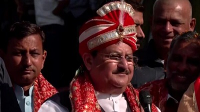 JP Nadda addressing a gathering at Bilaspur in poll-bound Himachal Pradesh (ANI)