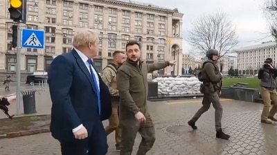Ukraine President Volodymyr Zelenskyy and UK Prime Minister Boris Johnson walk on streets of Kyiv. Ukraine President Volodymyr Zelenskyy and UK Prime Minister Boris Johnson walk on streets of Kyiv.