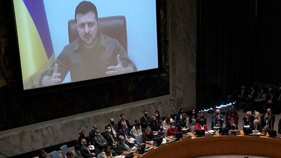 President Volodymyr Zelensky of Ukraine addresses a meeting of the United Nations Security Council, New York, April 5, 2022.&nbsp;(AFP)
