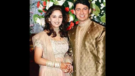 Actor Madhuri Dixit Nene and her husband Dr Sriram Nene during their wedding reception.