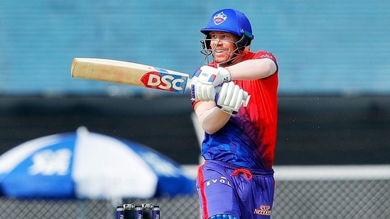 Warner plays a shot during the IPL 2022 match between Kolkata Knight Riders and Delhi Capitals, at Brabourne Stadium in Mumbai on Sunday.