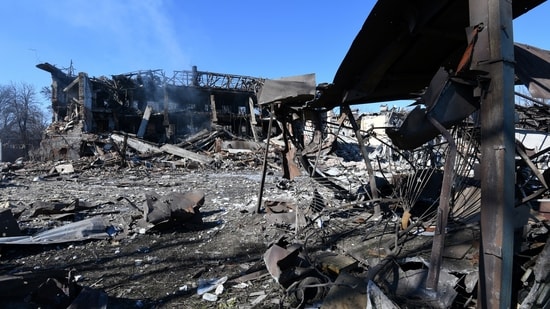 A file photo of a destroyed shoe factory in the aftermath of a missile attack, amid Russia's invasion, in Dnipro on March 12.