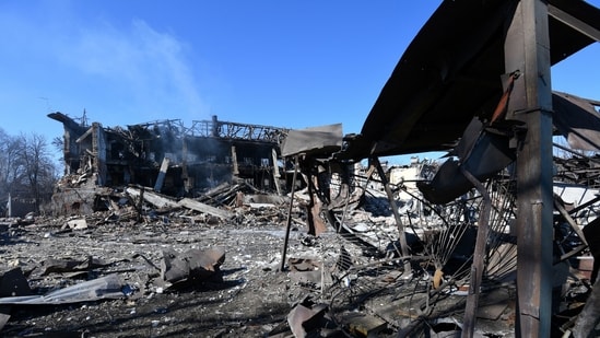 A file photo of a destroyed shoe factory in the aftermath of a missile attack, amid Russia's invasion, in Dnipro
