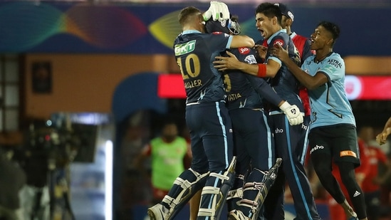 Gujarat Titans celebrate the win during T20 cricket match 16 of the Indian Premier League 2022 against Punjab Kings(PTI)