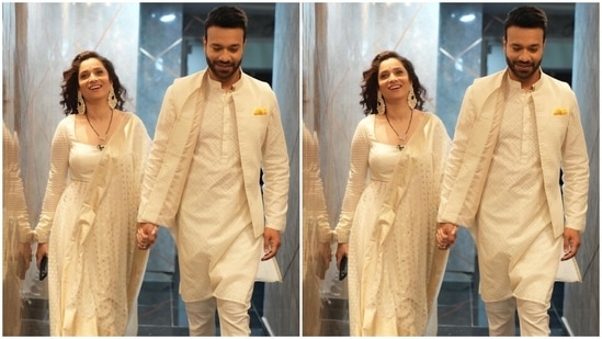 Sharing the Instagram post, Ankita wrote, "A good marriage is one where each partner secretly suspects they got the better deal." The pictures show Ankita and Vicky posing in a hallway and smiling brightly for the camera. Their white ensembles will inspire you to twin in elegant traditional looks with your partner.(Instagram/@lokhandeankita)