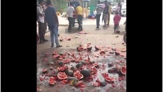 Watermelons strewn on the road after Hindu Sena activists reportedly vandalised the carts of Muslim traders in Karnataka's Dharwad.