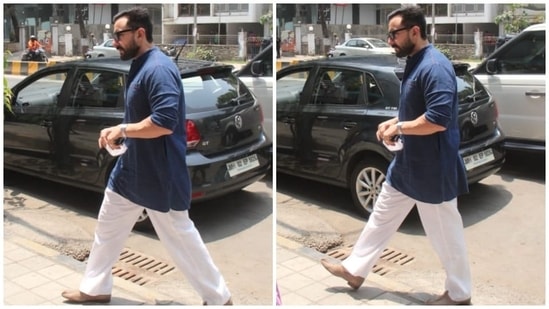 Meanwhile, Saif looked dapper in a dark blue bandhgala short kurta with button-up details on the neck, folded sleeves and loose-fitting. He teamed it with white straight fitted pants, beige juttis, sunglasses, groomed beard and a backswept hairdo.(HT Photo/Varinder Chawla)