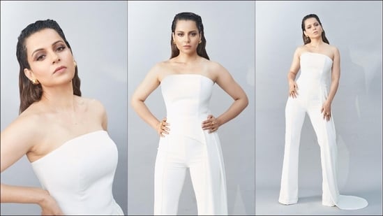 Kangana Ranaut's top and trousers are credited to British/Lebanese fashion designer, Nadine Merabi’s eponymous label that boasts of ready-to-wear luxury womenswear designed in the UK. While the white boned top costs £265 or <span class=