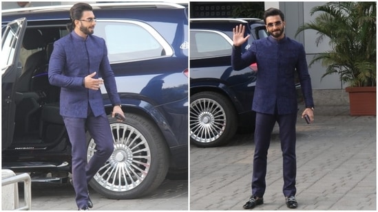 Ranveer Singh catches flight out of Mumbai in a blue bandhgala jacket and pants set.&nbsp;(HT Photo/Varinder Chawla)