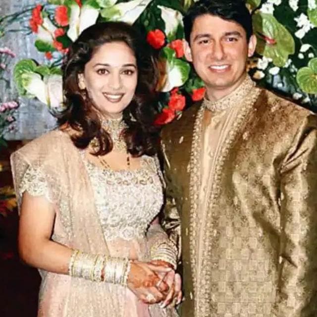 Actor Madhuri Dixit Nene and her husband Dr Sriram Nene during their wedding reception.