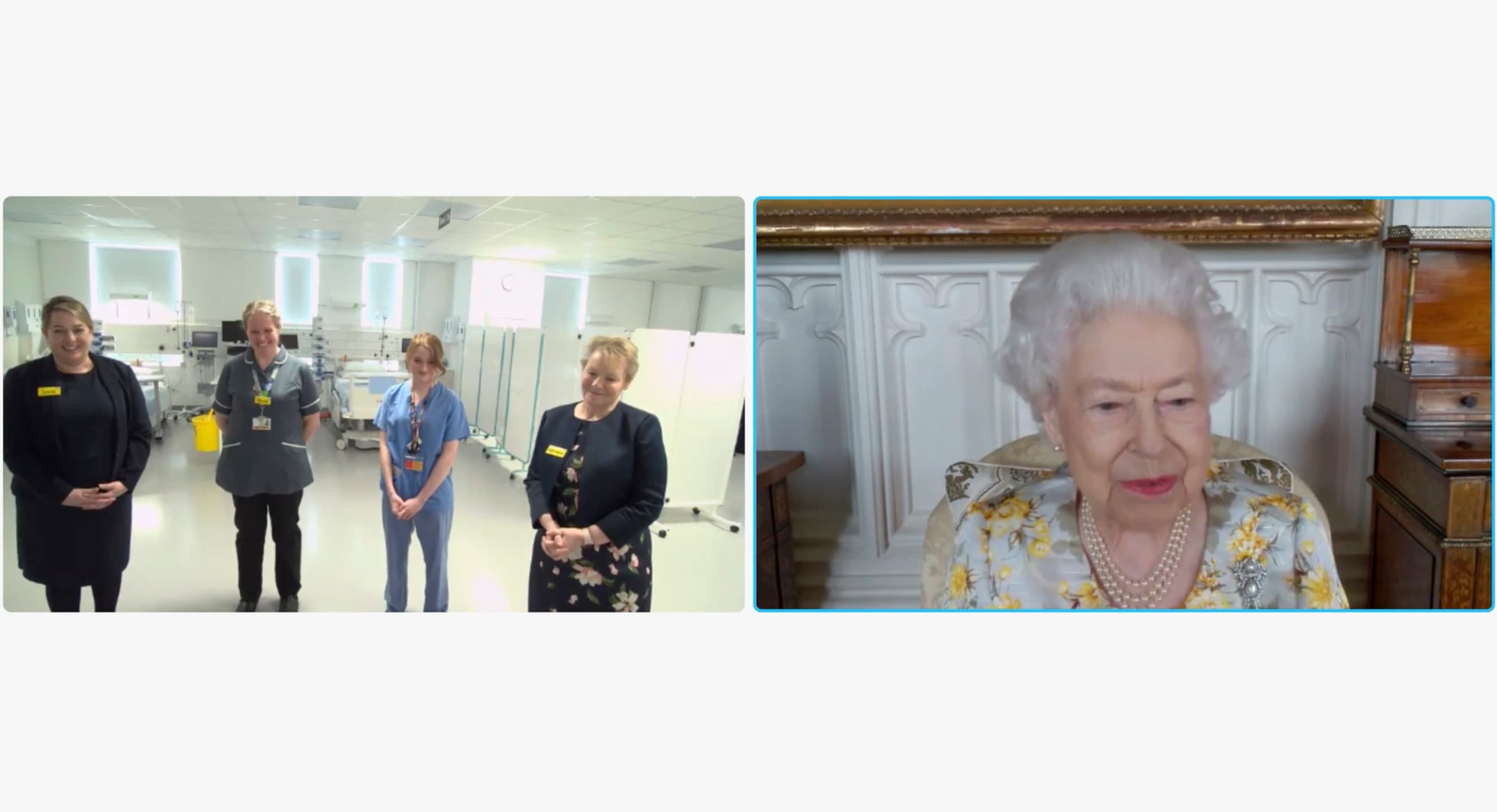 Britain's Queen Elizabeth II speaks to Lucie Butler, director of nursing and managing director of The Queen Elizabeth Unit; Nicola Rudkin, deputy associate director of nursing; Charlie Mort, junior sister and Jackie Sullivan during a video link call and virtual visit to the Royal London Hospital on Wednesday April 6, 2022, to mark the official opening of the hospital's Queen Elizabeth Unit. (Buckingham Palace via AP) (AP) Britain's Queen Elizabeth II speaks to Lucie Butler, director of nursing and managing director of The Queen Elizabeth Unit; Nicola Rudkin, deputy associate director of nursing; Charlie Mort, junior sister and Jackie Sullivan during a video link call and virtual visit to the Royal London Hospital on Wednesday April 6, 2022, to mark the official opening of the hospital's Queen Elizabeth Unit. (Buckingham Palace via AP) (AP)