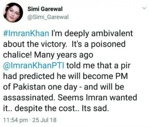 Simi Garewal's purported tweet after Imran Khan became the PM had triggered a controversy following which the tweet was deleted.&nbsp;