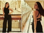 Kareena Kapoor recently attended the United Nations Young Changemakers Conclave and shared a sneak peek of her look on her Instagram handle. Bebo kept her look chic yet very comfy in an all-black jumpsuit with an open back.(Instagram/@kareenakapoorkhan)
