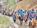 After a gap of two years, the registration for Amarnath yatra started on Monday in 446 bank branches of Jammu and Kashmir Bank, PNB Bank, Yes Bank and 100 branches of SBI Bank across the country, said an official of the Shri Amarnath Shrine Board. (HT File Photo)