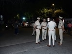 JNU clashes: Police personnel stand guard at JNU entrance after a scuffle broke out between two groups over allegedly eating non-vegetarian food. (Amlan Paliwal)