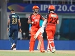 Kane Williamson and Rahul Tripathi of Sunrisers Hyderabad during match 21 of the Indian Premier League 2022(PTI)
