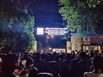 JNU students protested outside the Vasant Kunj police station till late Sunday night. (HT Photo)