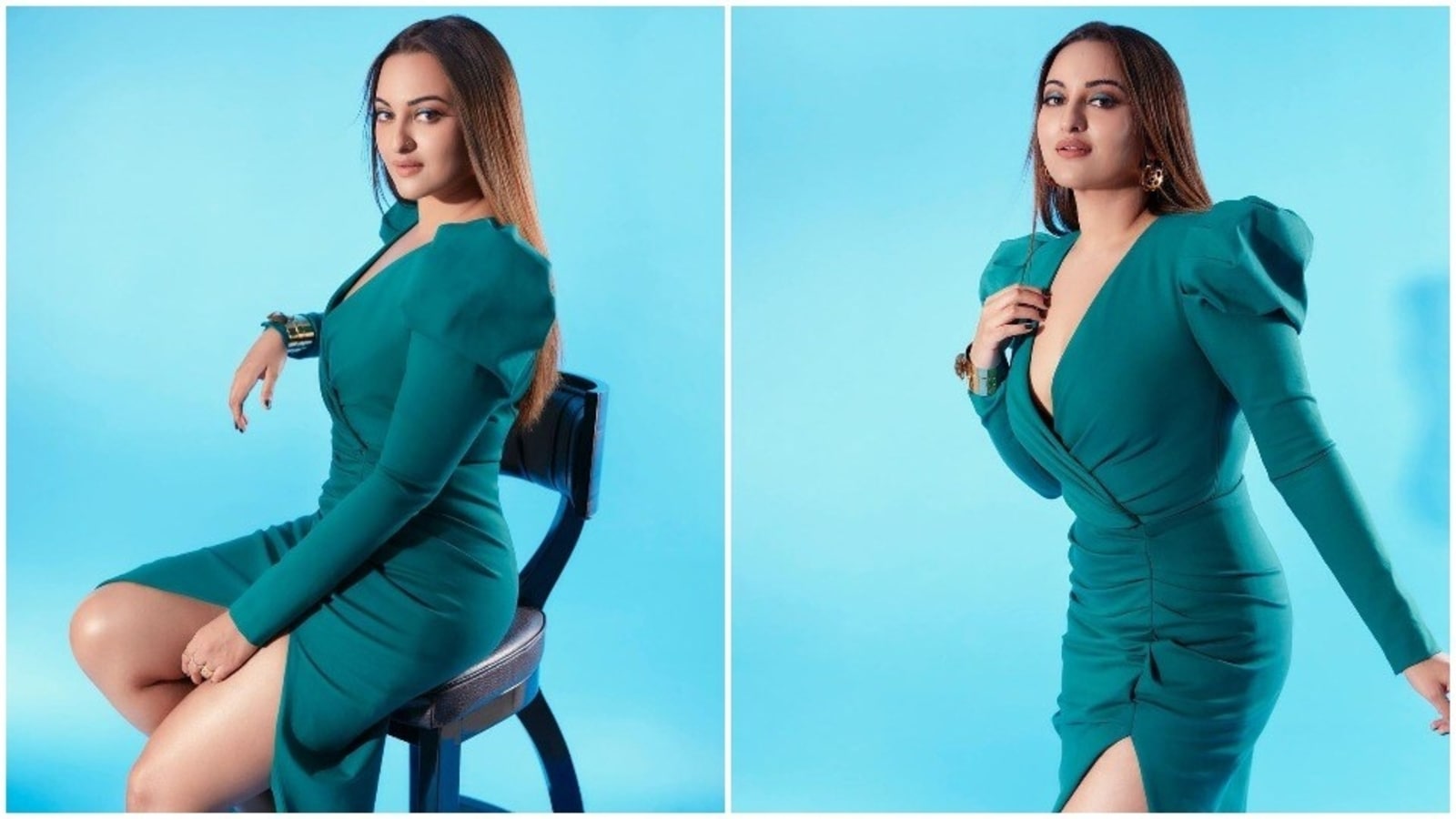 Sonakshi Sinha Blue Porn Videos - Sonakshi Sinha raises the glam quotient in green body-hugging dress  featuring thigh-high slit dress | Hindustan Times