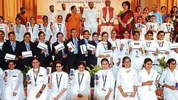 Uttar Pradesh higher education minister Yogendra Upadhyay after the distribution of tablets and smartphones to eligible candidates in Lucknow on Monday.  (Deepak Gupta/HT PHOTO)