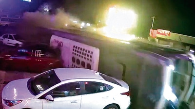 The bus (in pic) skid at least three hundred metres away from the road into a private parking lot of a hotel. (HT PHOTO) The bus (in pic) skid at least three hundred metres away from the road into a private parking lot of a hotel. (HT PHOTO)