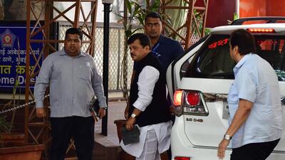 BJP leader Pravin Darekar arrives at MRA Marg police station to record his statement on Monday. Bhushan Koyande/HT Photo