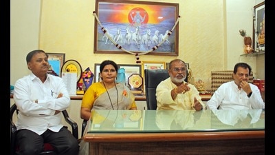 From left - Dilip Jagtap, Sudarshana Trigunait, Sanjay Tayade and Rajeev Jagtap at Maharashtra English School Trustees Association (MESTA press conference on Monday. (Ravindra Joshi/HT PHOTO)