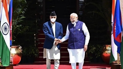 Prime Minister Narendra Modi with Nepalese counterpart Sher Bahadur Deuba arrives at Hyderabad House, in New Delhi on Saturday. (Narendra Modi Twitter) Prime Minister Narendra Modi with Nepalese counterpart Sher Bahadur Deuba arrives at Hyderabad House, in New Delhi on Saturday. (Narendra Modi Twitter)