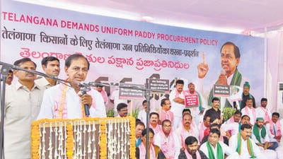 KCR-led TRS has intensified its protest after the Centre refused Telangana’s request to buy parboiled rice in the current rabi harvesting season (HT Photo) KCR-led TRS has intensified its protest after the Centre refused Telangana’s request to buy parboiled rice in the current rabi harvesting season (HT Photo)