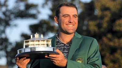 Scottie Scheffler holds the championship trophy after winning the 86th Masters golf tournamenton Sunday, April 10, 2022, in Augusta. (AP) Scottie Scheffler holds the championship trophy after winning the 86th Masters golf tournamenton Sunday, April 10, 2022, in Augusta. (AP)