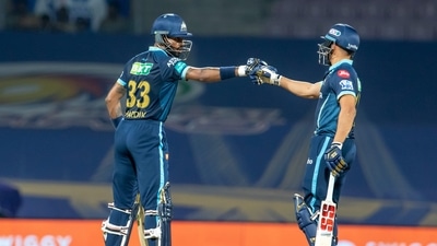 Hardik Pandya and Abhinav Manohar of Gujarat Titans during match 21 of the Indian Premier League 2022 (PTI) Hardik Pandya and Abhinav Manohar of Gujarat Titans during match 21 of the Indian Premier League 2022 (PTI)