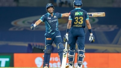 Abhinav Manohar of Gujarat Titans reacts after being dismissed, during match 21 of the Indian Premier League 2022 (PTI) Abhinav Manohar of Gujarat Titans reacts after being dismissed, during match 21 of the Indian Premier League 2022 (PTI)