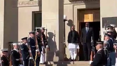Defence minister Rajnath Singh at the Pentagon Office in Washington DC (Twitter/ANI)