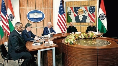 Prime Minister Narendra Modi virtually attends a meeting with US President Joe Biden, defence secretary Lloyd Austin and secretary of state Antony Blinken, and external affairs minister S Jaishankar and defence minister Rajnath Singh on Monday. (AP) Prime Minister Narendra Modi virtually attends a meeting with US President Joe Biden, defence secretary Lloyd Austin and secretary of state Antony Blinken, and external affairs minister S Jaishankar and defence minister Rajnath Singh on Monday. (AP)