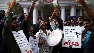 AISA members stage a protest outside Tughlaq Road police station, on Monday. (ANI) AISA members stage a protest outside Tughlaq Road police station, on Monday. (ANI)