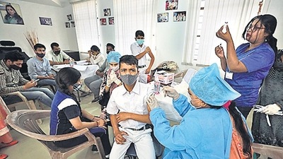 A student receives a dose of Covid-19 vaccine in Jammu on Monday. (ANI) A student receives a dose of Covid-19 vaccine in Jammu on Monday. (ANI)