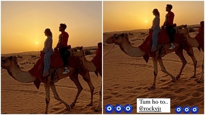 Hina also enjoyed a camelback ride with her boyfriend Rocky Jaiswal and posted the picture on her Instagram stories. She shared the image with evil eye amulet stickers and wrote, "Tum ho to." The couple enjoyed a scenic sunset during the ride. (Instagram/@realhinakhan) Hina also enjoyed a camelback ride with her boyfriend Rocky Jaiswal and posted the picture on her Instagram stories. She shared the image with evil eye amulet stickers and wrote, "Tum ho to." The couple enjoyed a scenic sunset during the ride. (Instagram/@realhinakhan)