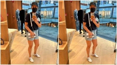 Gul scooped some time out and posed for a mirror selfie. She accessorised her look with a black cap and white sneakers. (Instagram/@gulpanag)