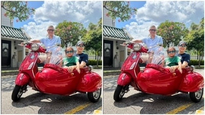 Gul and family posed in a motorcycle with sidecar with a stunning view in the backdrop. (Instagram/@gulpanag)