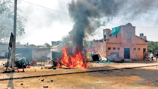 A view of the site after communal clash during Ram Navmi procession in Himmatnagar on Sunday (ANI)