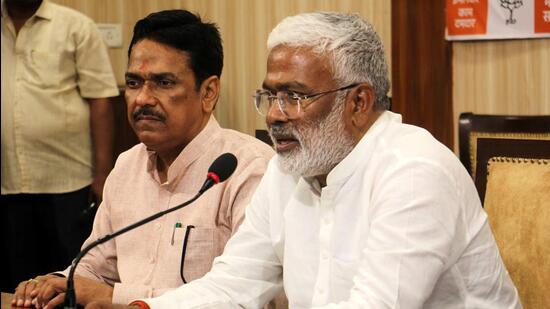 Uttar Pradesh jal shakti minister Swatantra Dev Singh at a press conference in Lucknow on Monday. (HT PHOTO)
