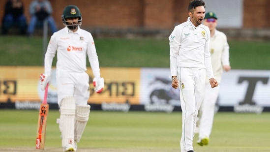 SA vs BAN 2nd Test, Day 4 Highlights: Keshav Maharaj celebrates after the dismissal of Najmul Hossain Shanto (AFP)
